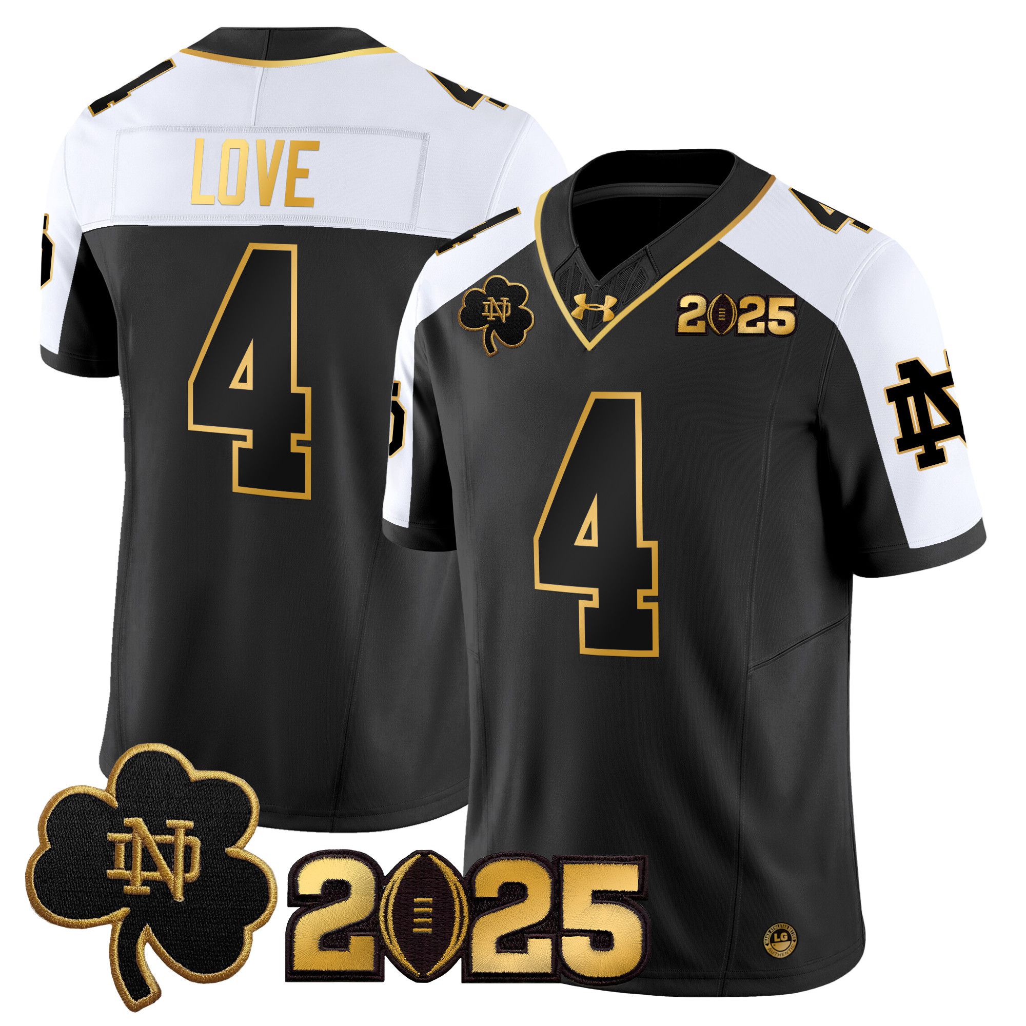 Men Notre Dame Fighting Irish #4 Love Black 2025 CFP Final Patch Gold Vapor Limited NCAA Jersey